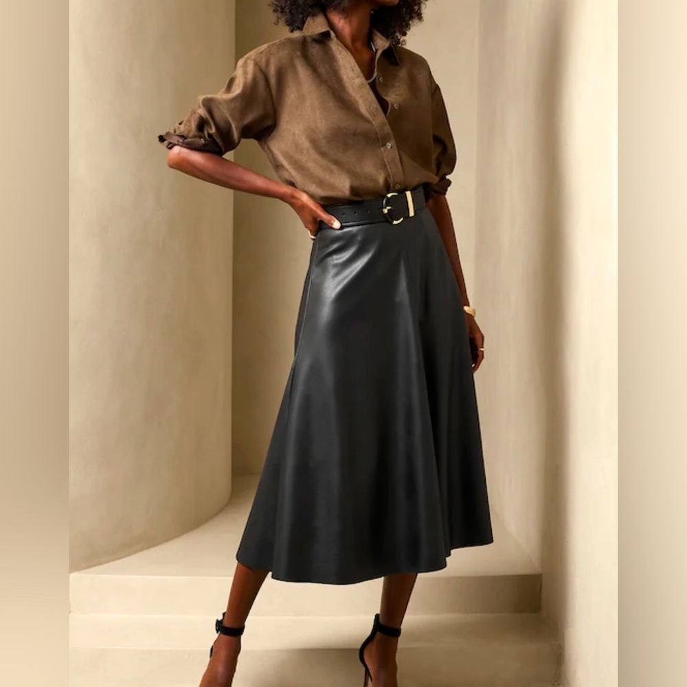 Faux (vegan) leather, A-line skirt with flared, raw cut hem